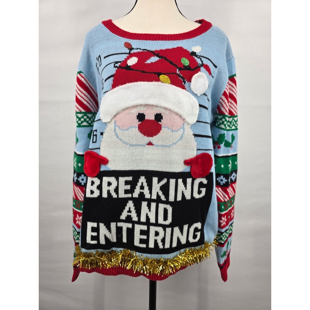No Boundaries Santa Breaking and Entering Ugly Christmas Sweater Blue XXL